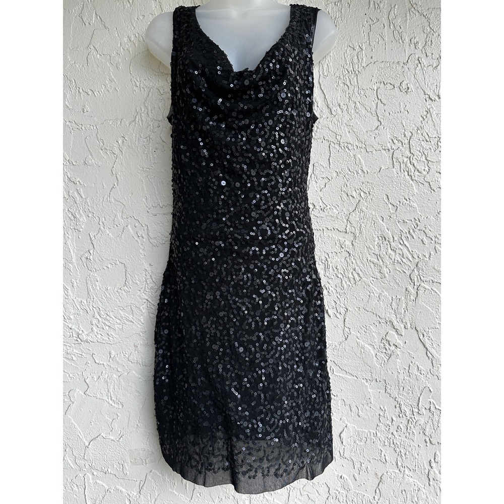 Max Studio Vtg Y2k Black Sequin Cowl Neck Sleeveless Cocktail Mini Dress‎ Medium